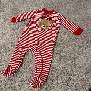 Carter's reindeer Red and White Striped 6M Footie sleeper